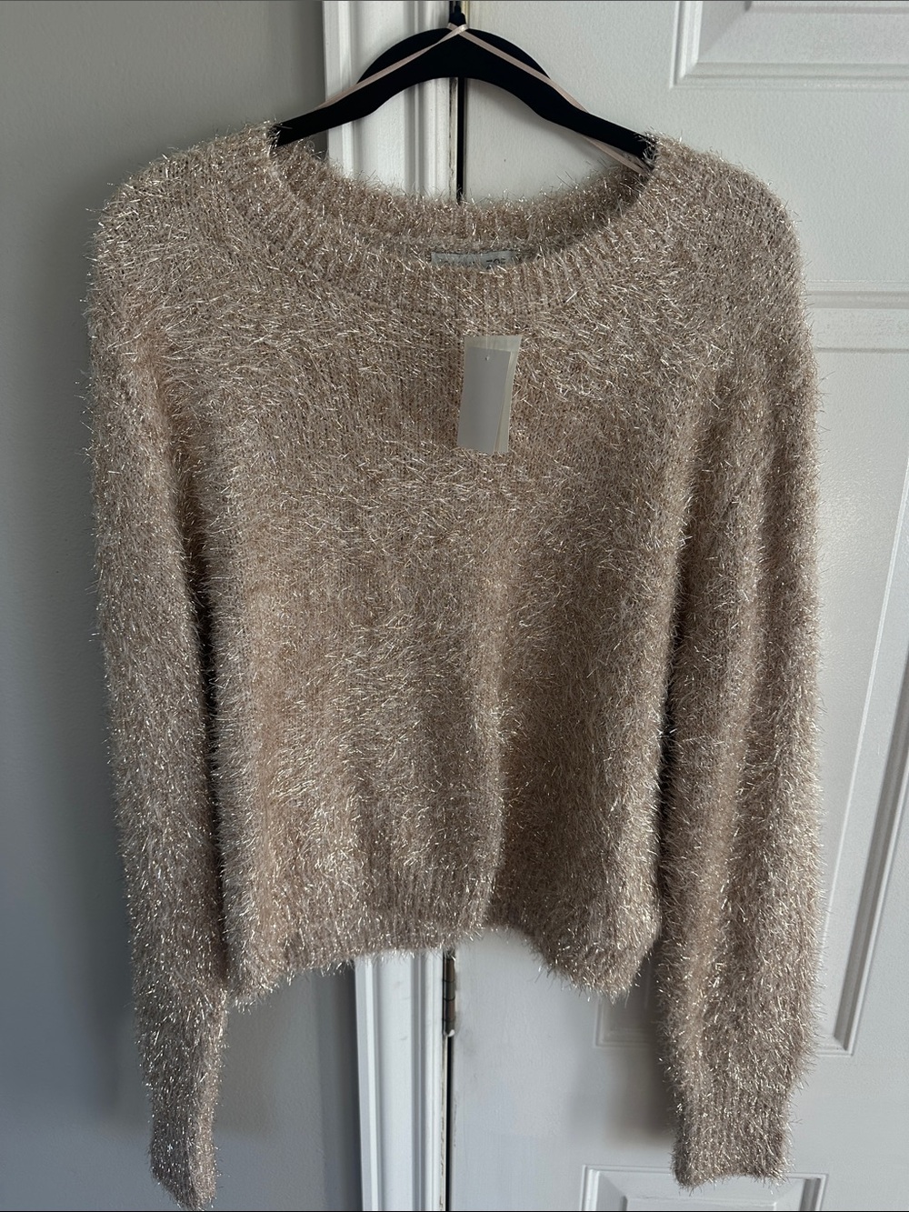 Rachel Zoe Shimmery Fuzzy Crewneck Sweater - Taupe